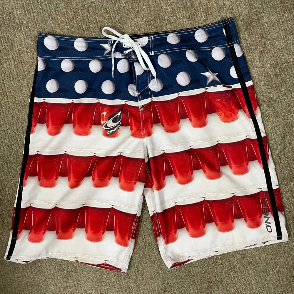 O'Neill Board Shorts Mens 38 Red Blue Solo Cup Beer Pong‎ Flag Patriotic Frat